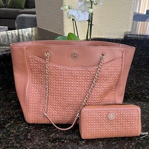 Tory Burch brown Textured Tote and Wallet